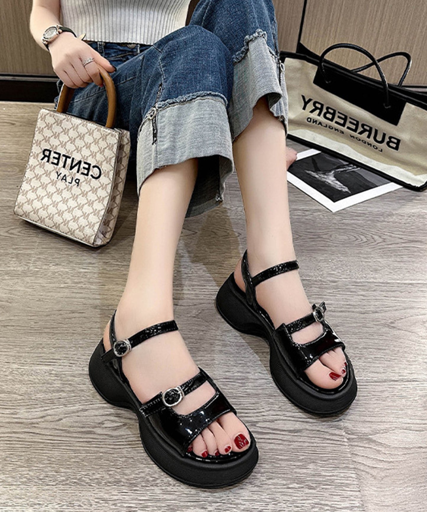 ソリッドカラー オープントゥ 厚底 ストラップ サンダル