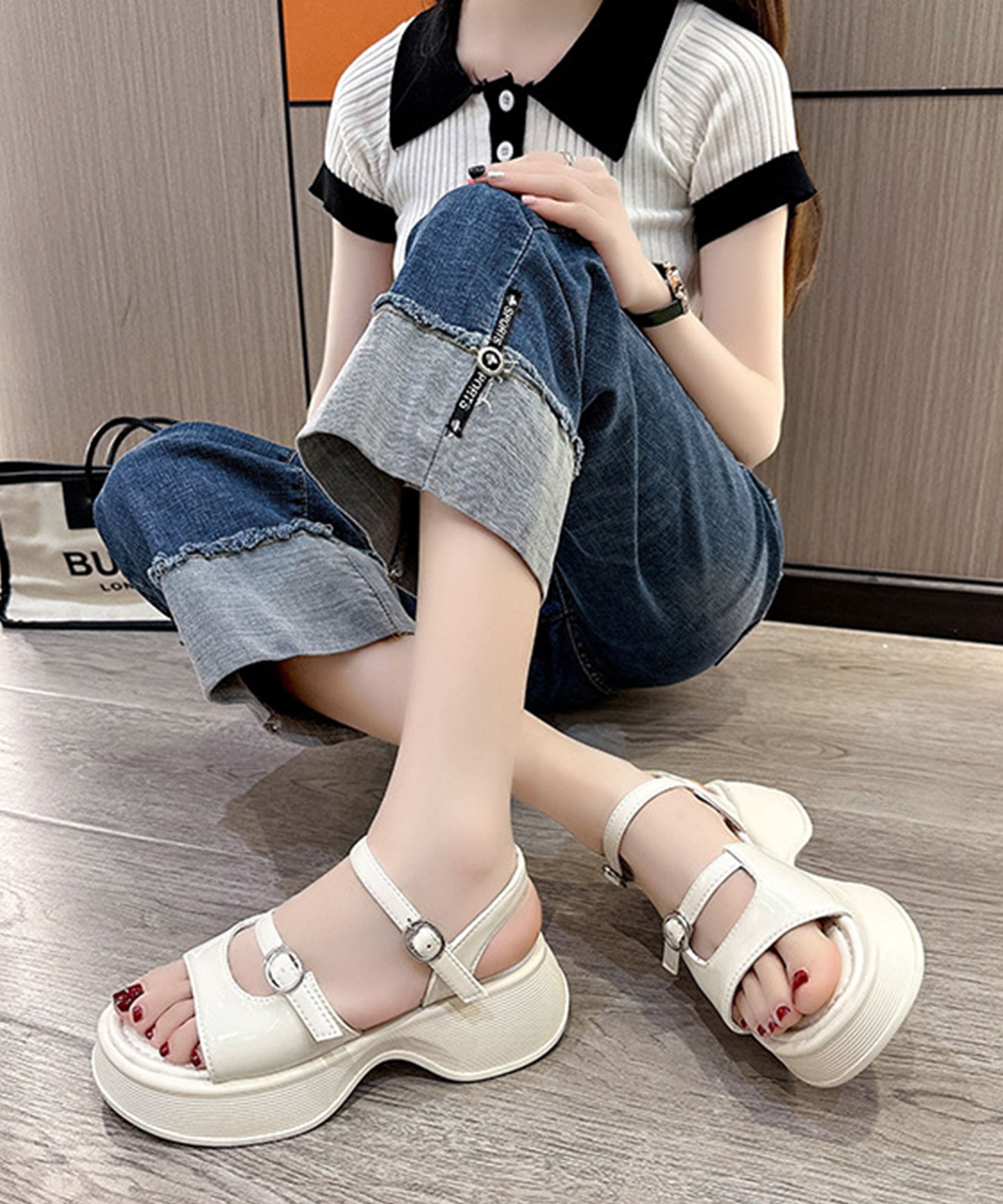 ソリッドカラー オープントゥ 厚底 ストラップ サンダル