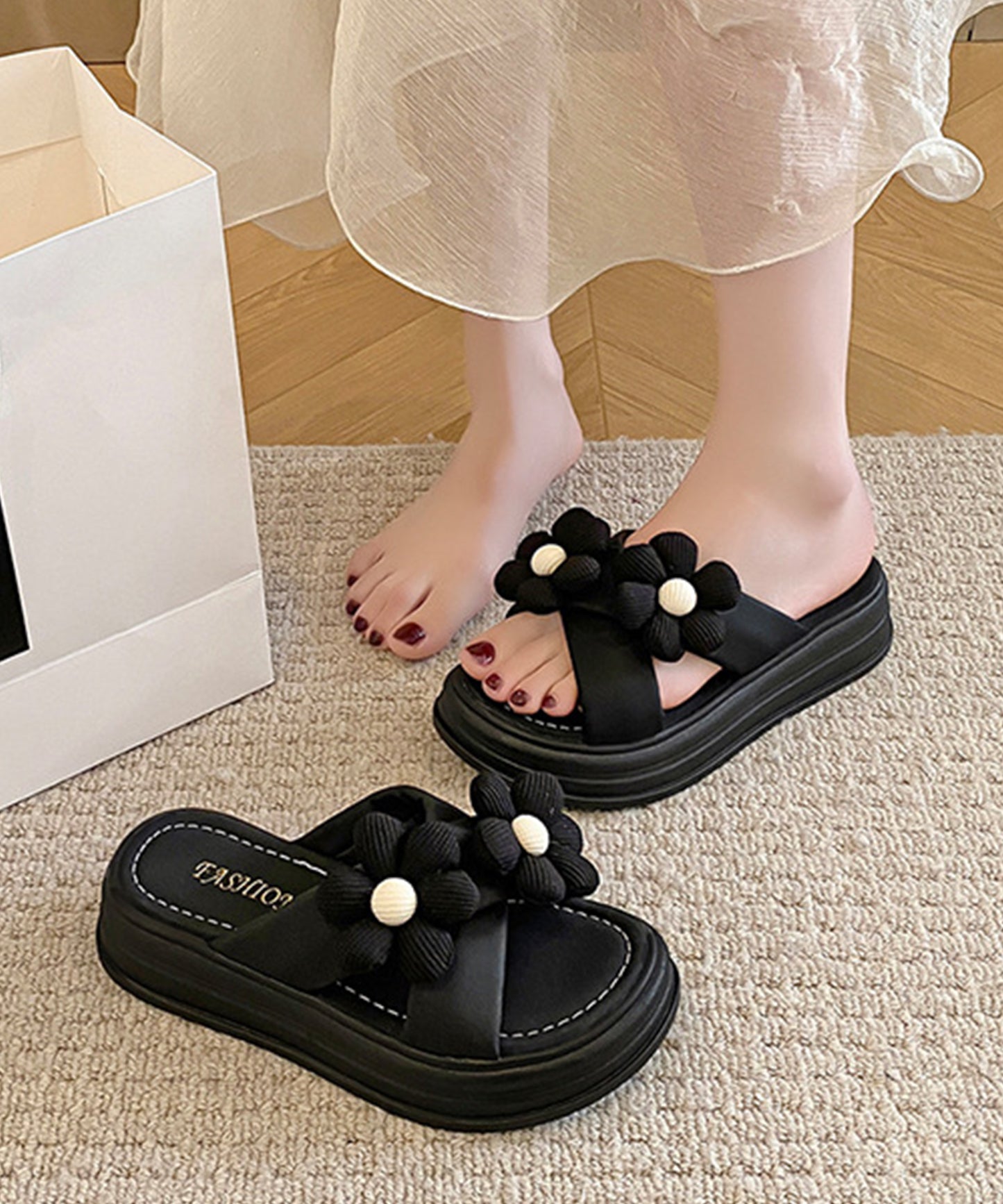 配色 フラワー 厚底 コンフォート サンダル
