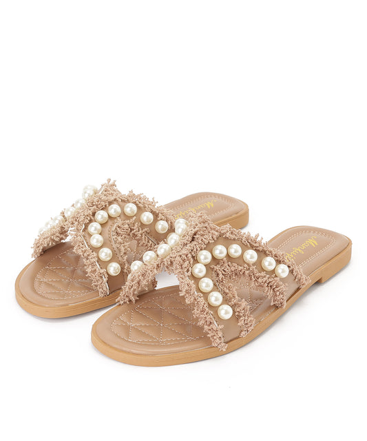 パール フリンジ フラット スライド サンダル