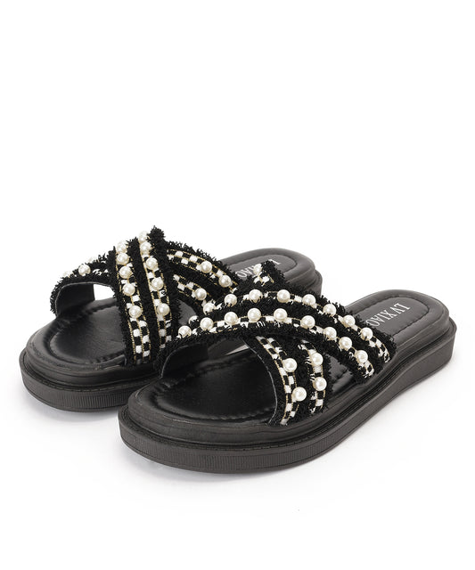 パール フリンジ クロスベルト 厚底 サンダル