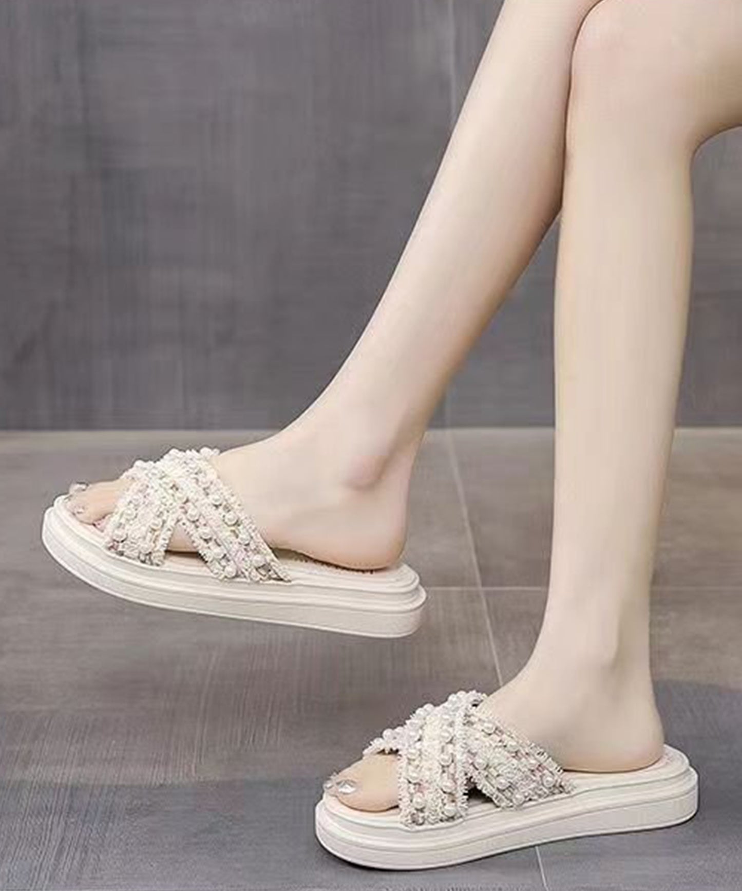 パール フリンジ クロスベルト 厚底 サンダル