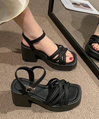 レザー調 クロス ストラップ プラットフォーム 厚底 太ヒール サンダル