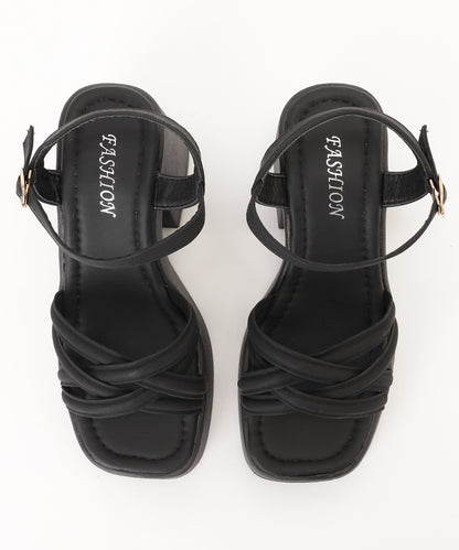 レザー調 クロス ストラップ プラットフォーム 厚底 太ヒール サンダル