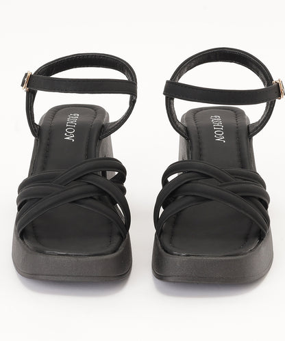 レザー調 クロス ストラップ プラットフォーム 厚底 太ヒール サンダル