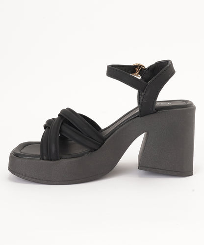 レザー調 クロス ストラップ プラットフォーム 厚底 太ヒール サンダル