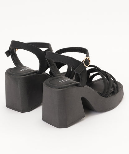 レザー調 クロス ストラップ プラットフォーム 厚底 太ヒール サンダル