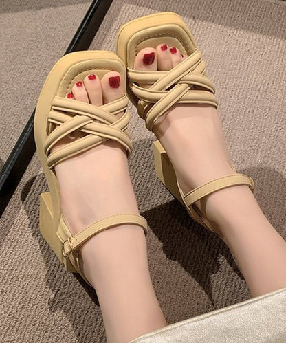 レザー調 クロス ストラップ プラットフォーム 厚底 太ヒール サンダル