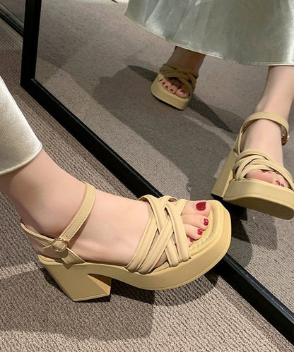 レザー調 クロス ストラップ プラットフォーム 厚底 太ヒール サンダル