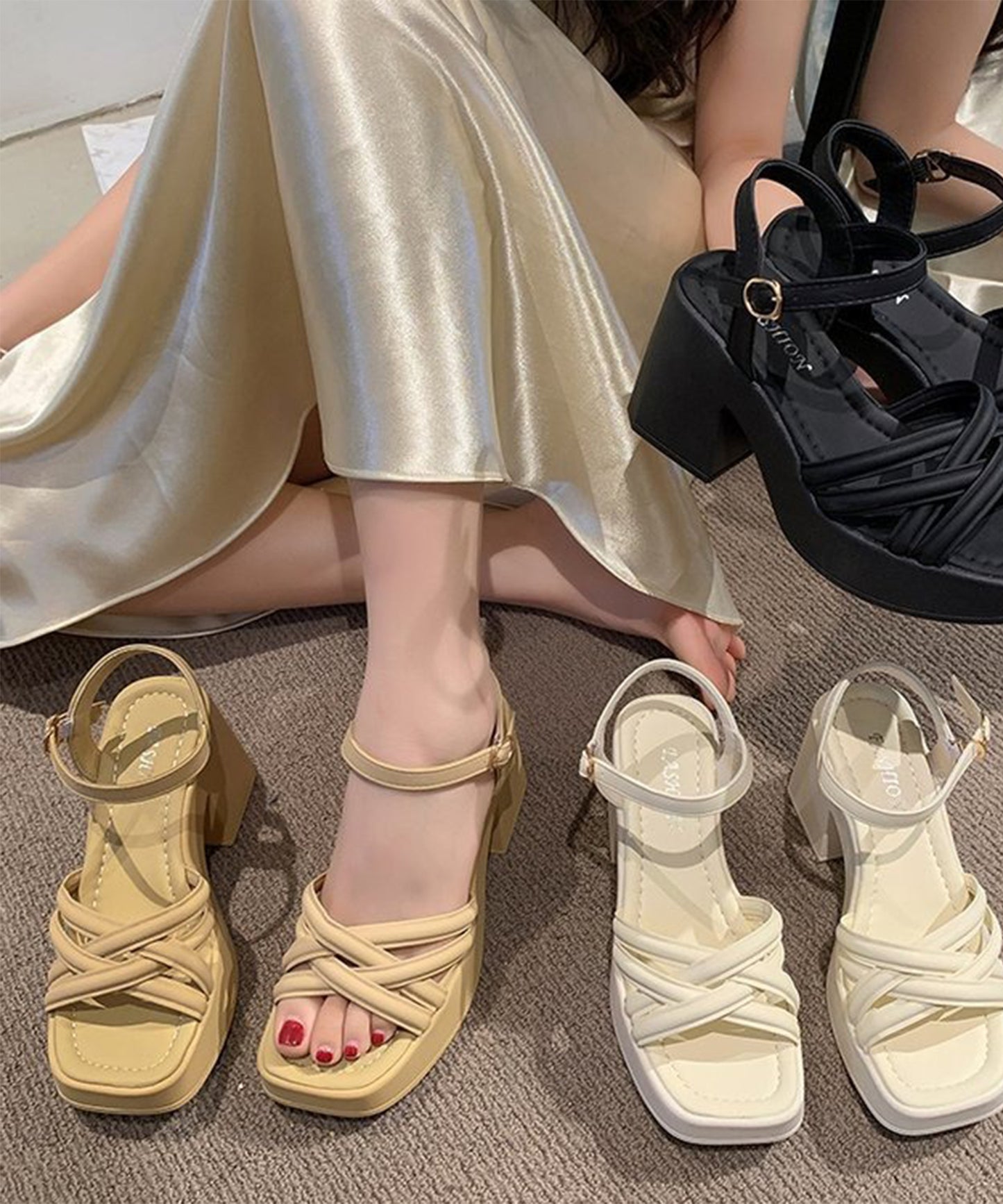 レザー調 クロス ストラップ プラットフォーム 厚底 太ヒール サンダル