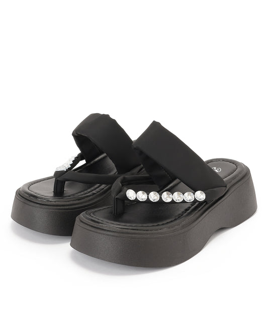 レザー調 ビジュー ストラップ 厚底 トング サンダル