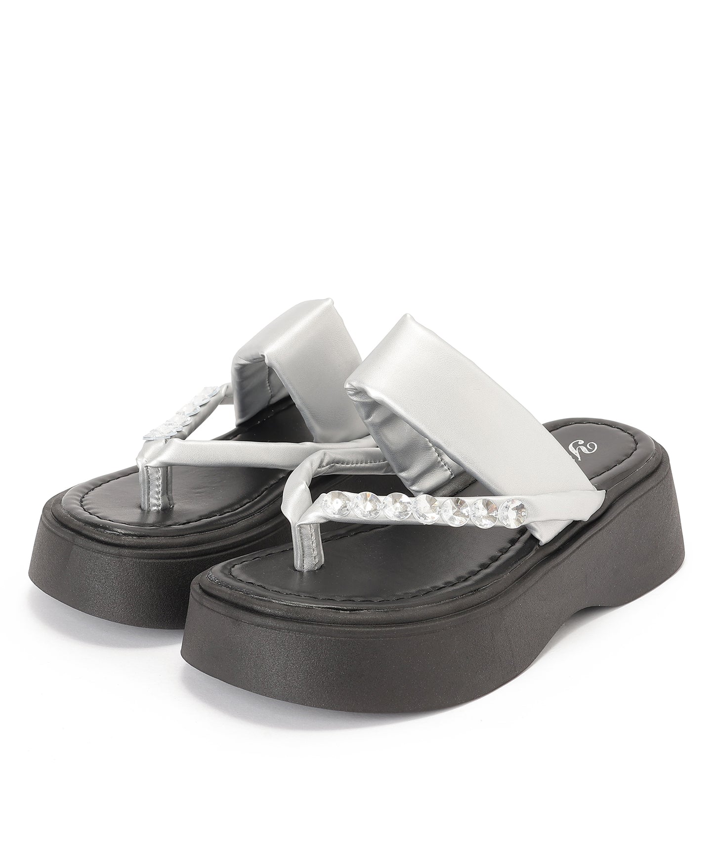 レザー調 ビジュー ストラップ 厚底 トング サンダル