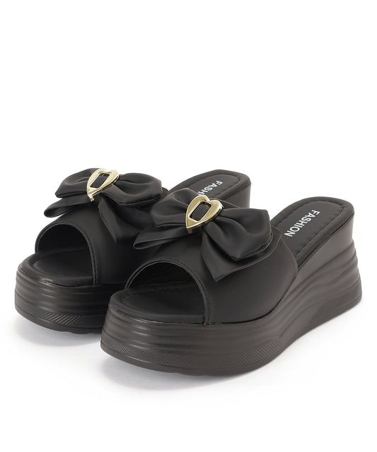 レザー調 ハート付き リボン モチーフ 厚底 ミュール サンダル