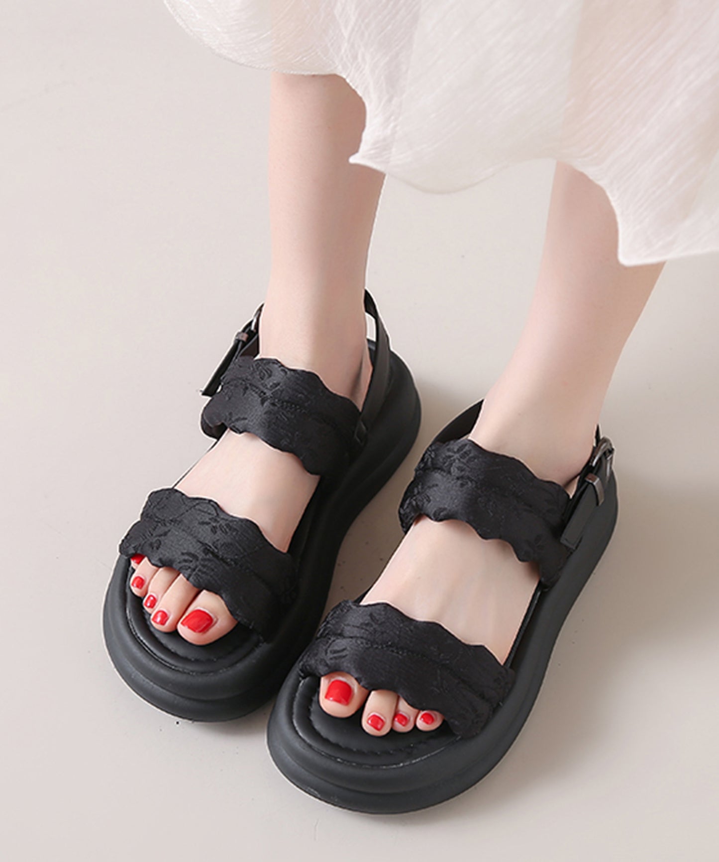 花柄 ウェーブ ダブルバンド バックストラップ 厚底 サンダル