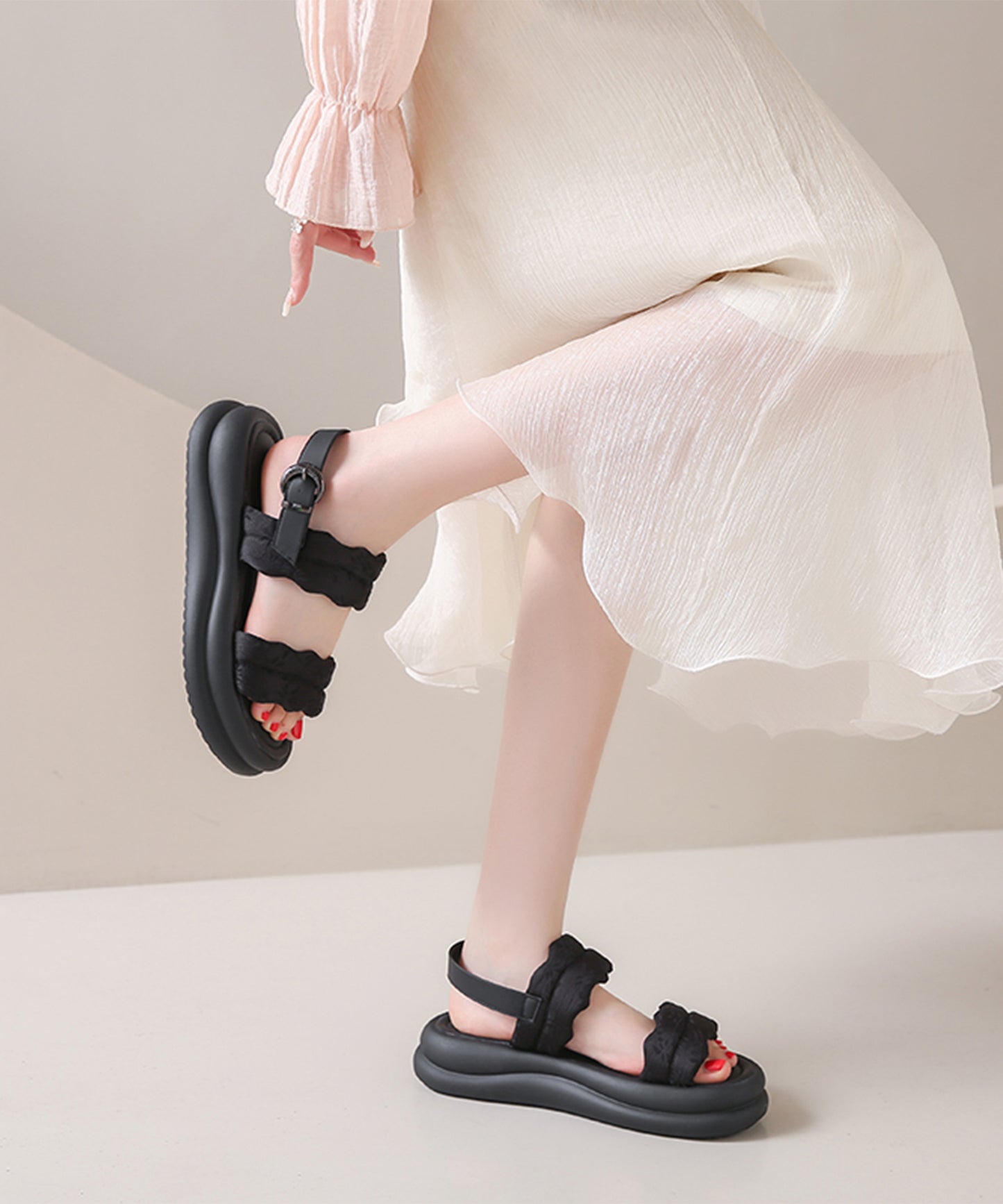 花柄 ウェーブ ダブルバンド バックストラップ 厚底 サンダル