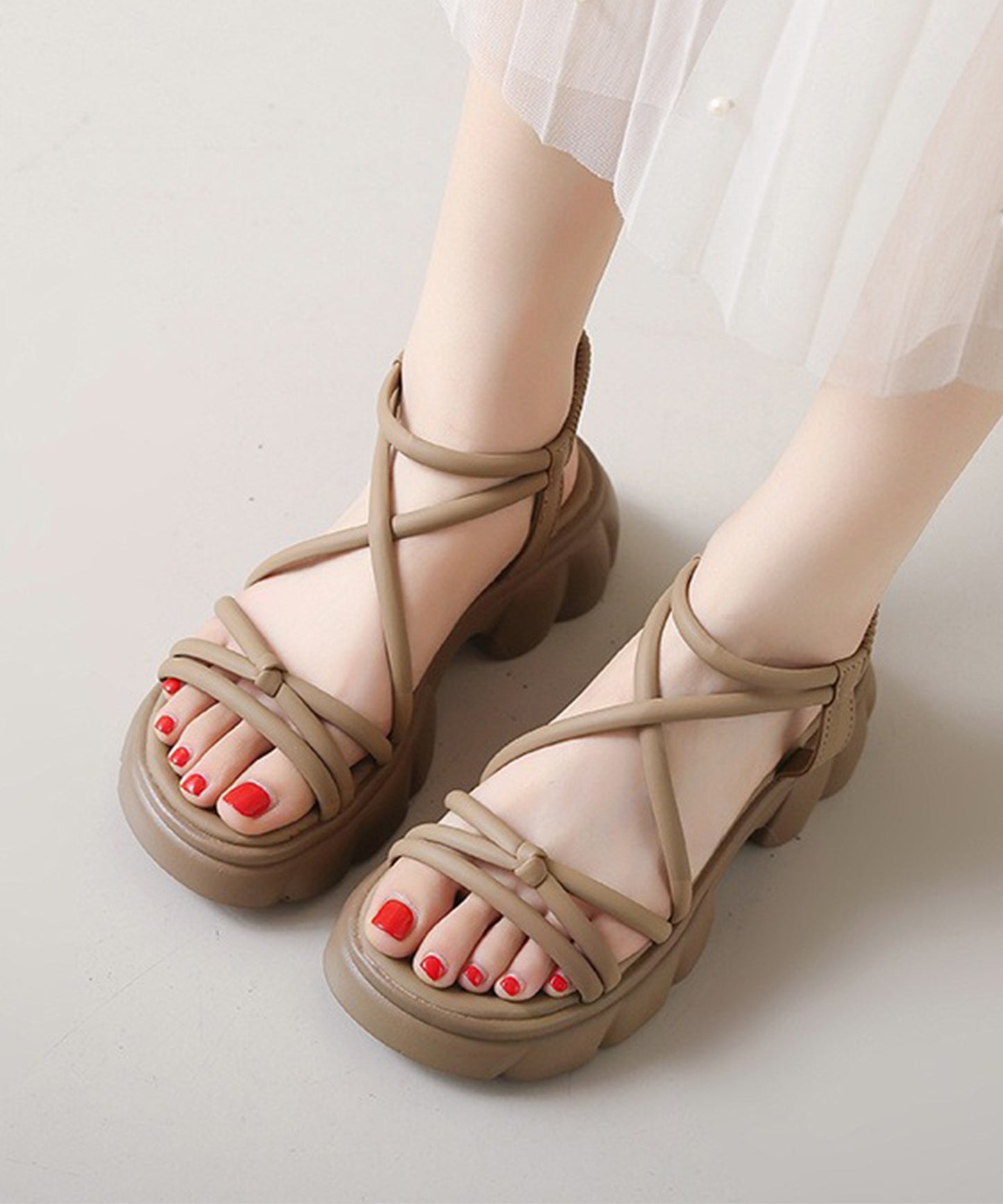 レザー調 チューブ クロス ストラップ 厚底 サンダル