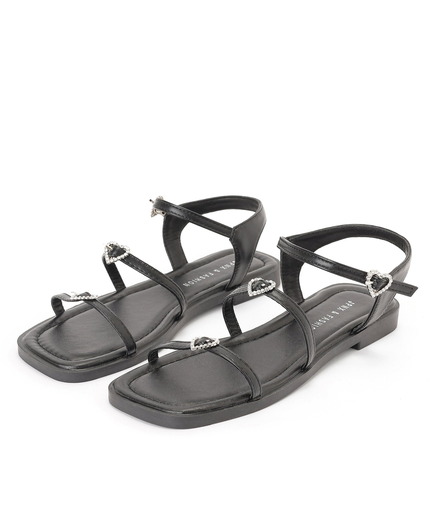 レザー調 ハート ビジュー ストラップ フラット サンダル