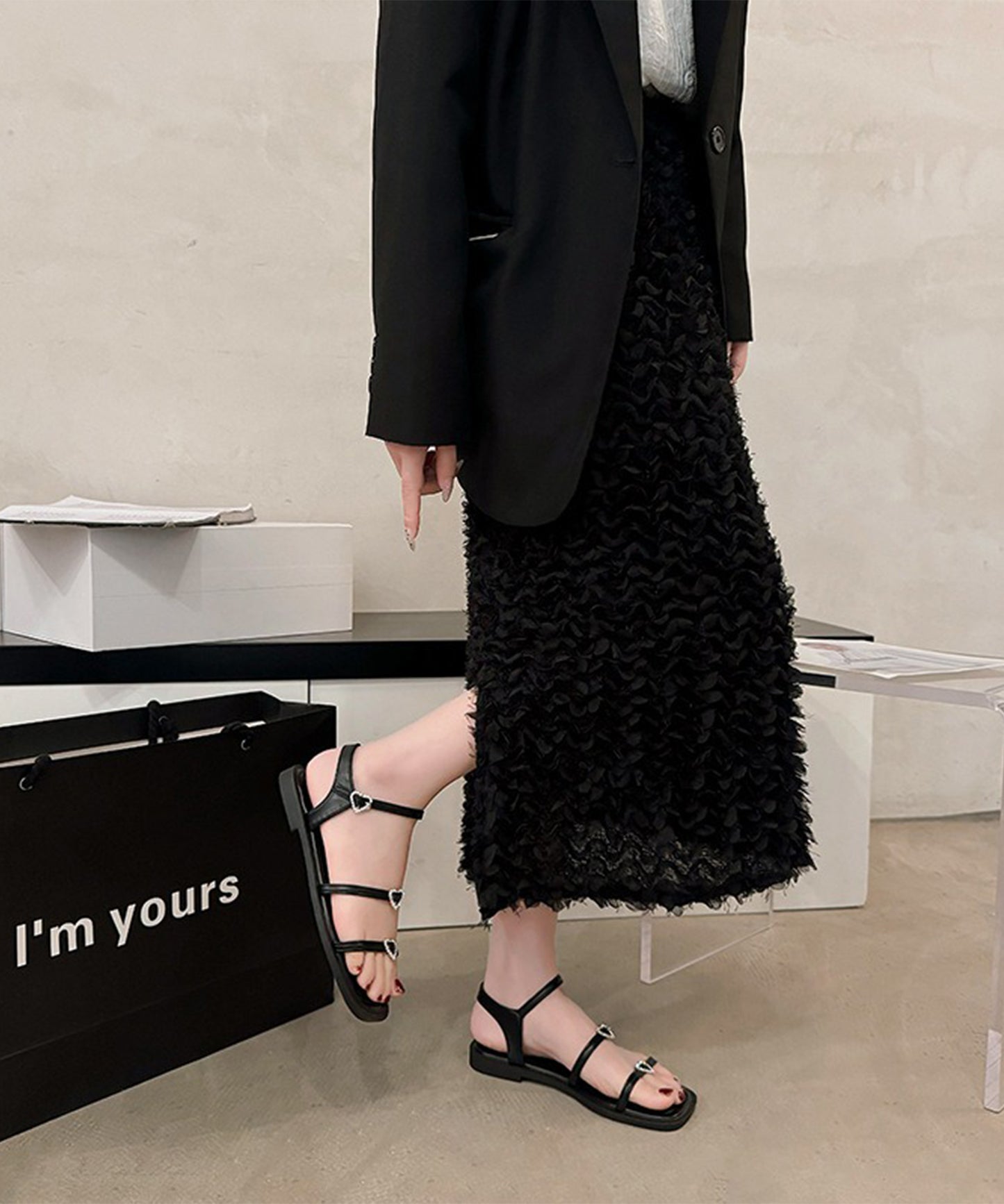 レザー調 ハート ビジュー ストラップ フラット サンダル