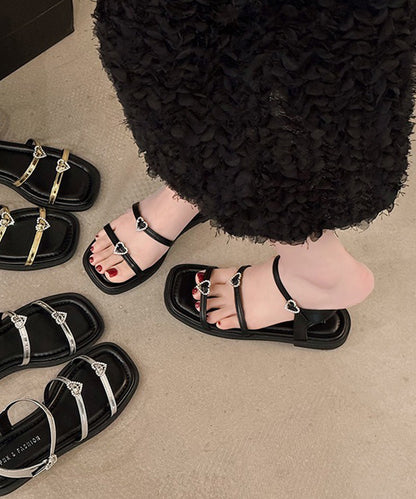 レザー調 ハート ビジュー ストラップ フラット サンダル