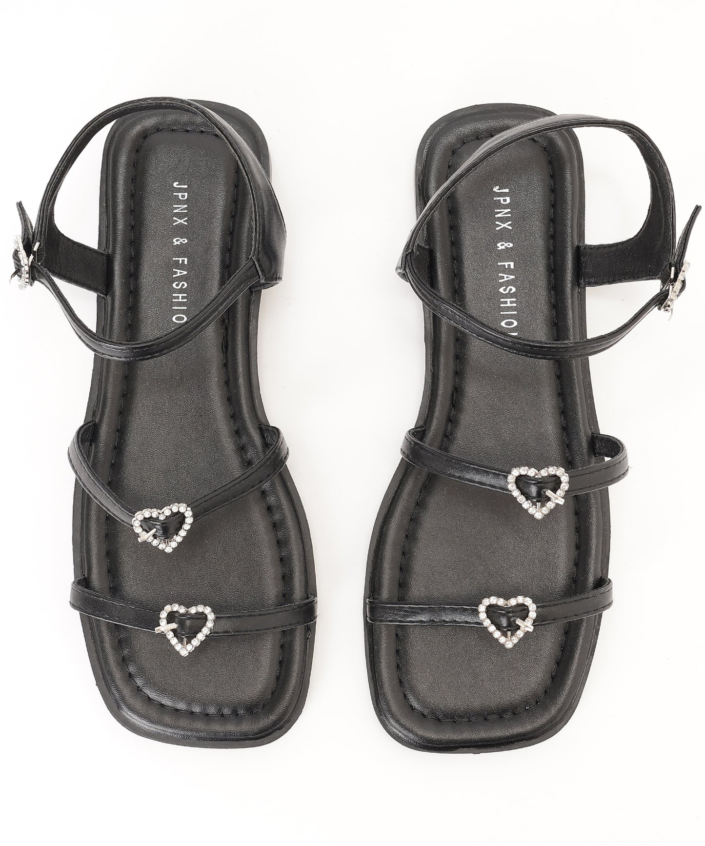 レザー調 ハート ビジュー ストラップ フラット サンダル