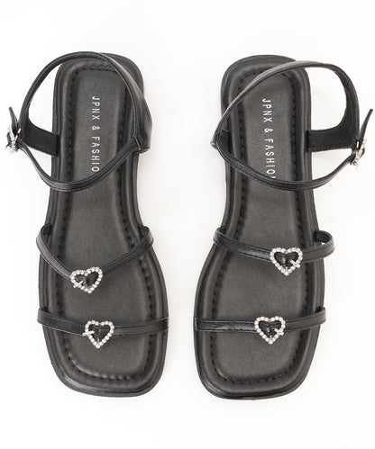 レザー調 ハート ビジュー ストラップ フラット サンダル