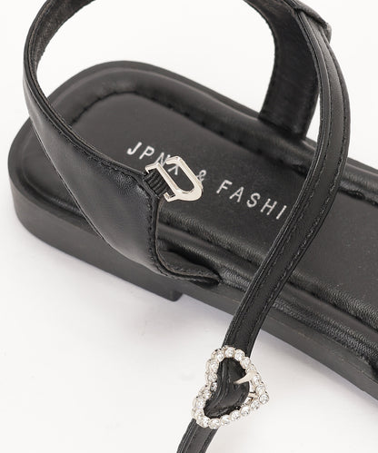 レザー調 ハート ビジュー ストラップ フラット サンダル