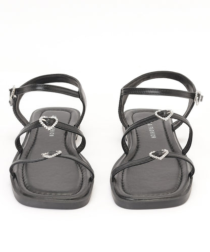 レザー調 ハート ビジュー ストラップ フラット サンダル