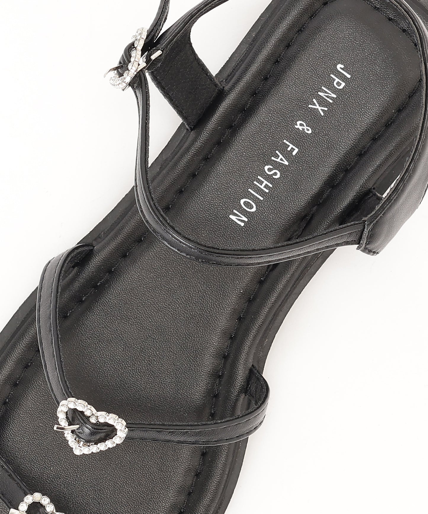 レザー調 ハート ビジュー ストラップ フラット サンダル