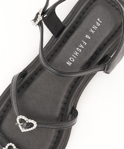 レザー調 ハート ビジュー ストラップ フラット サンダル