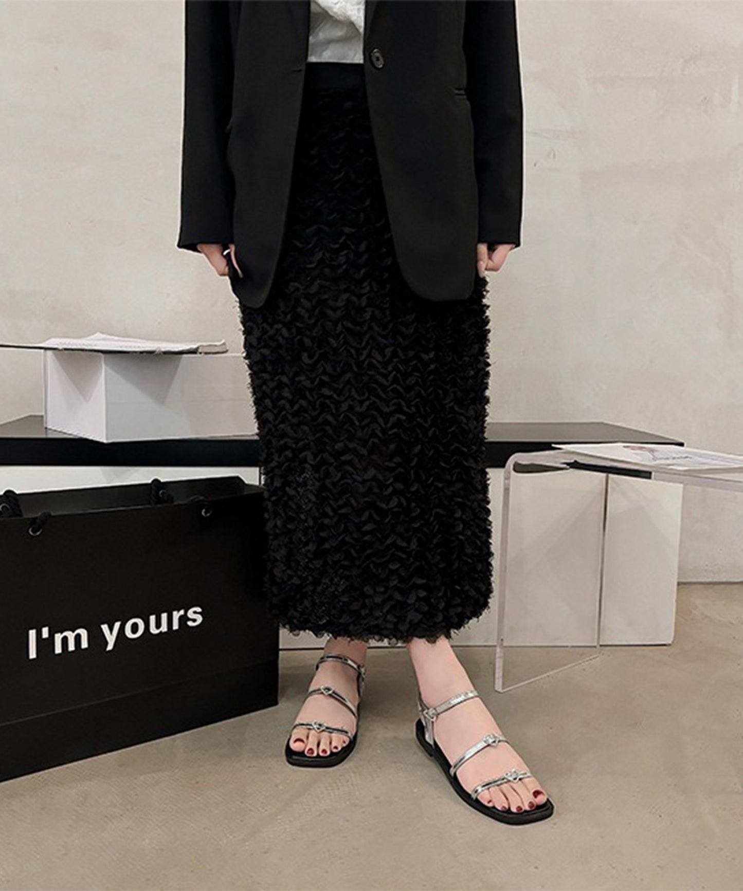 レザー調 ハート ビジュー ストラップ フラット サンダル