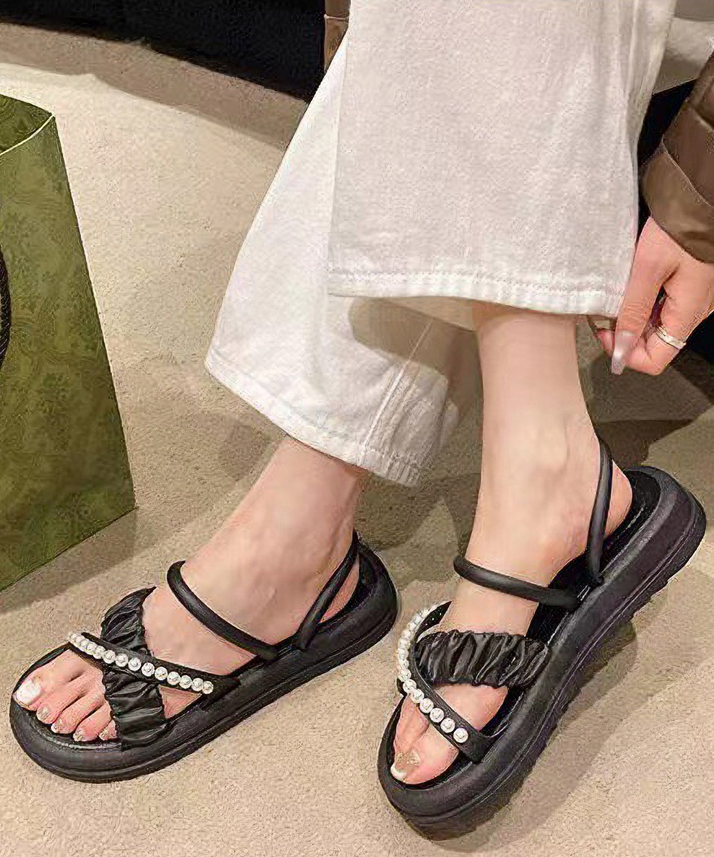 2WAY シャーリング パール クロス ストラップ 厚底 サンダル