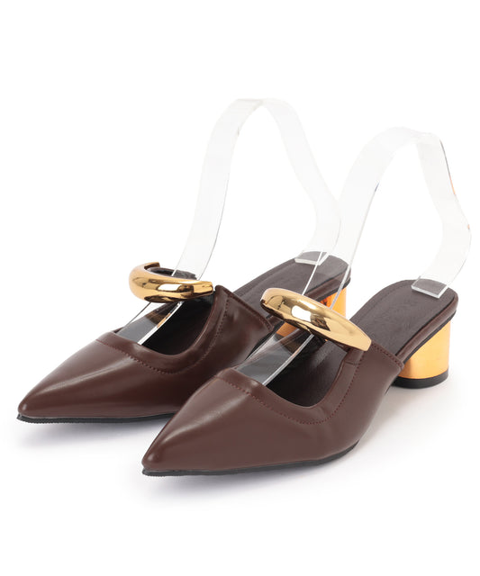 ゴールド メタル ストラップ ポインテッドトゥ ミュール ヒール サンダル