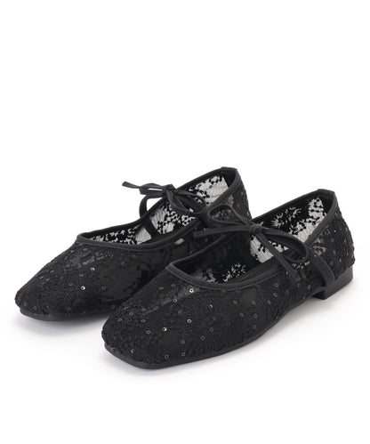 シアー 刺繍 リボンストラップ フラット バレエシューズ サンダル