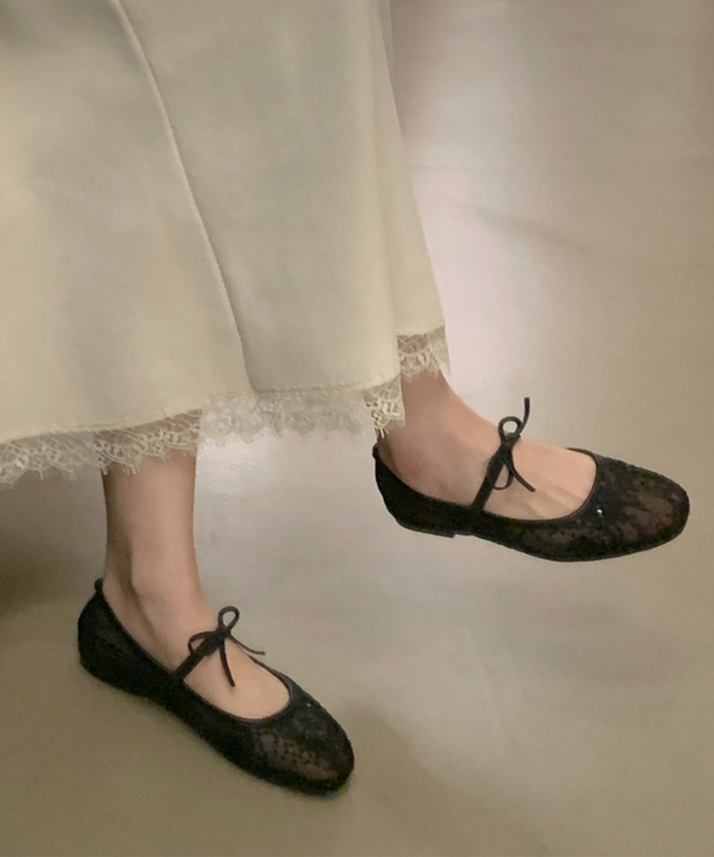 シアー 刺繍 リボンストラップ フラット バレエシューズ サンダル