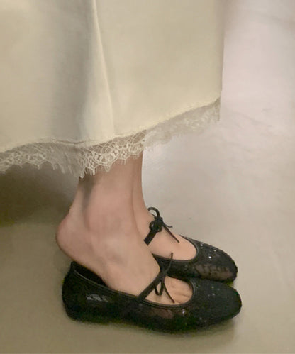 シアー 刺繍 リボンストラップ フラット バレエシューズ サンダル