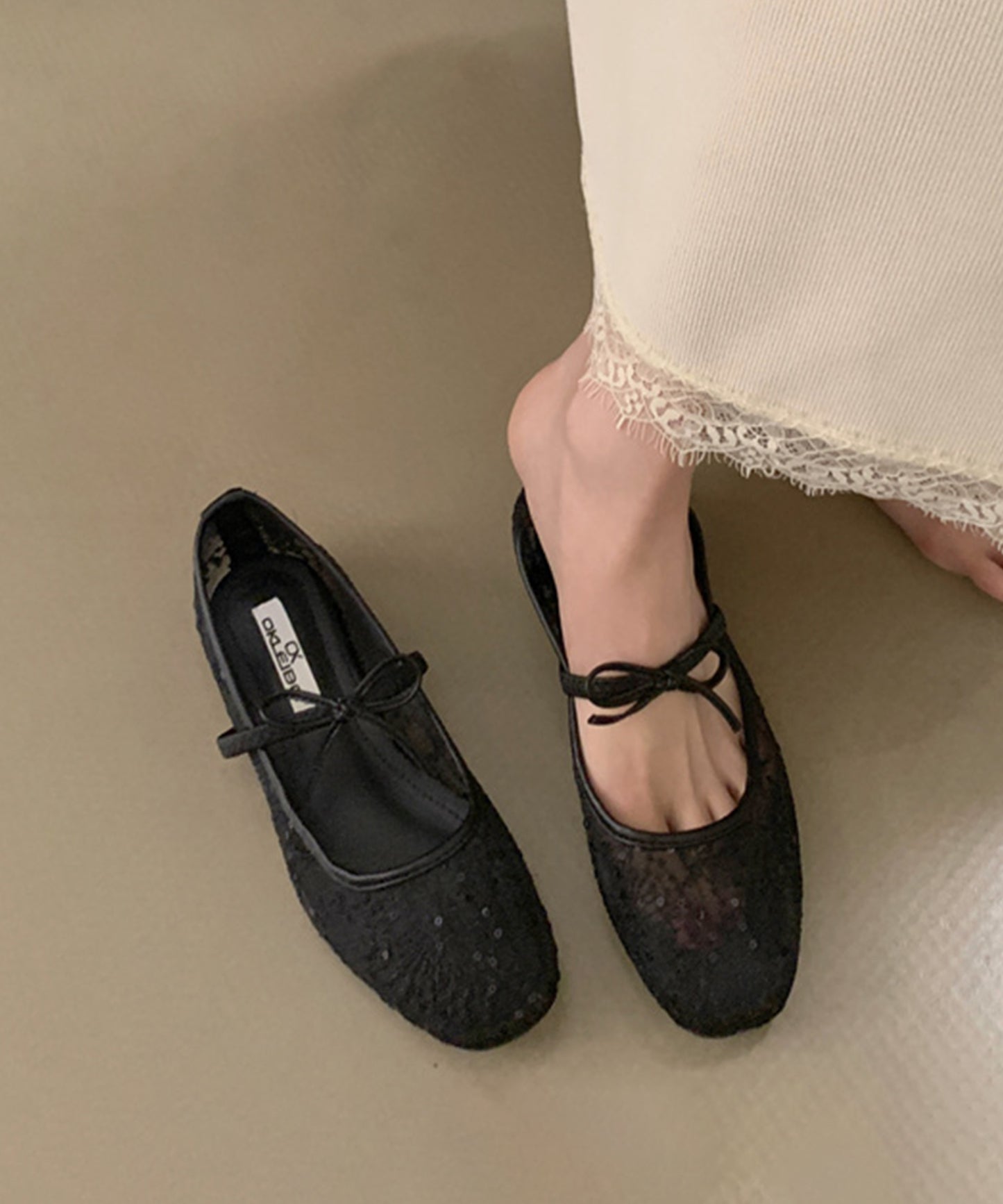 シアー 刺繍 リボンストラップ フラット バレエシューズ サンダル