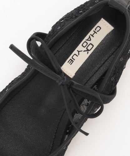 シアー 刺繍 リボンストラップ フラット バレエシューズ サンダル