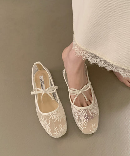シアー 刺繍 リボンストラップ フラット バレエシューズ サンダル