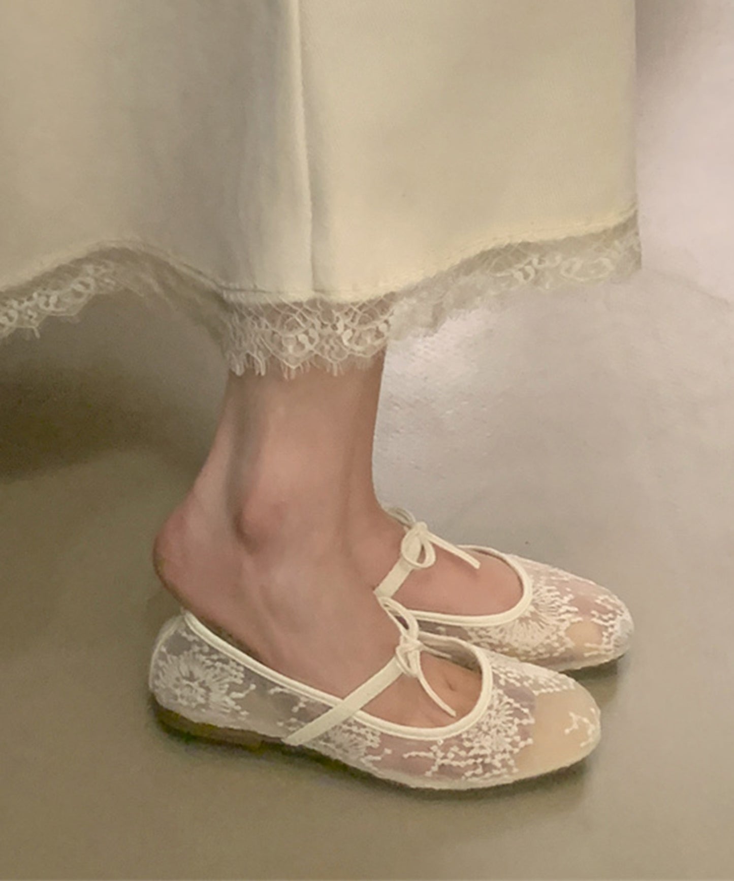 シアー 刺繍 リボンストラップ フラット バレエシューズ サンダル