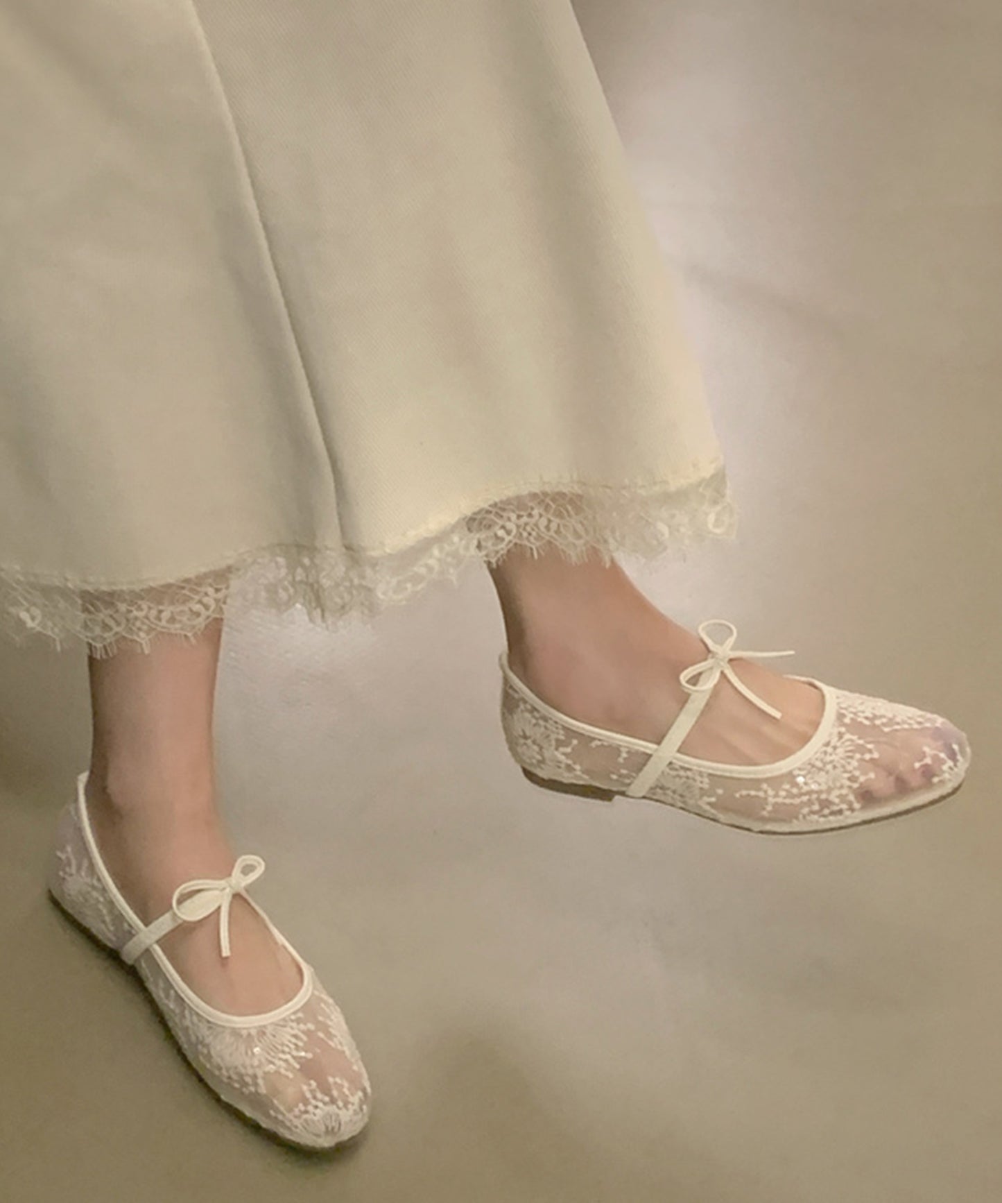 シアー 刺繍 リボンストラップ フラット バレエシューズ サンダル
