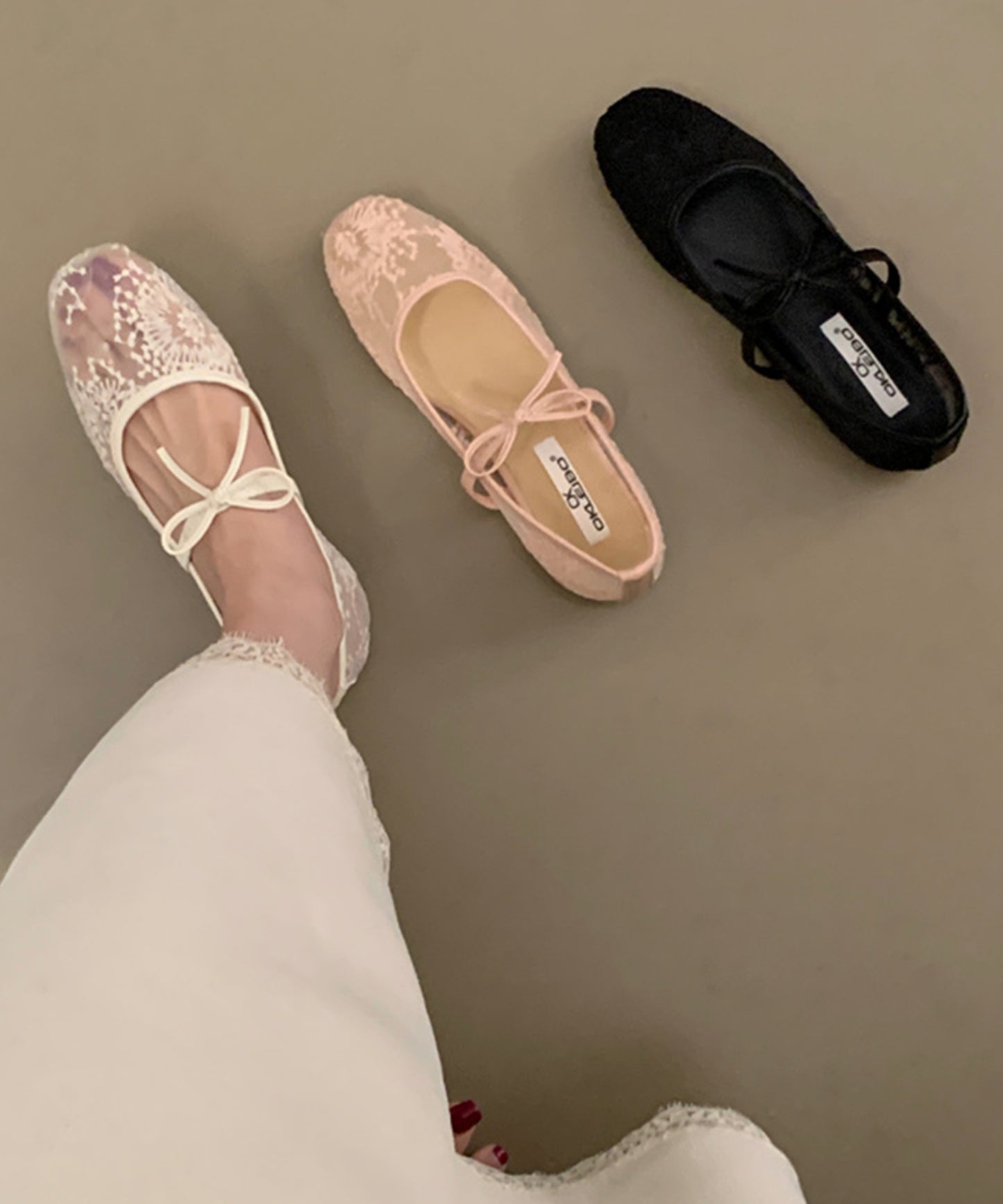 シアー 刺繍 リボンストラップ フラット バレエシューズ サンダル