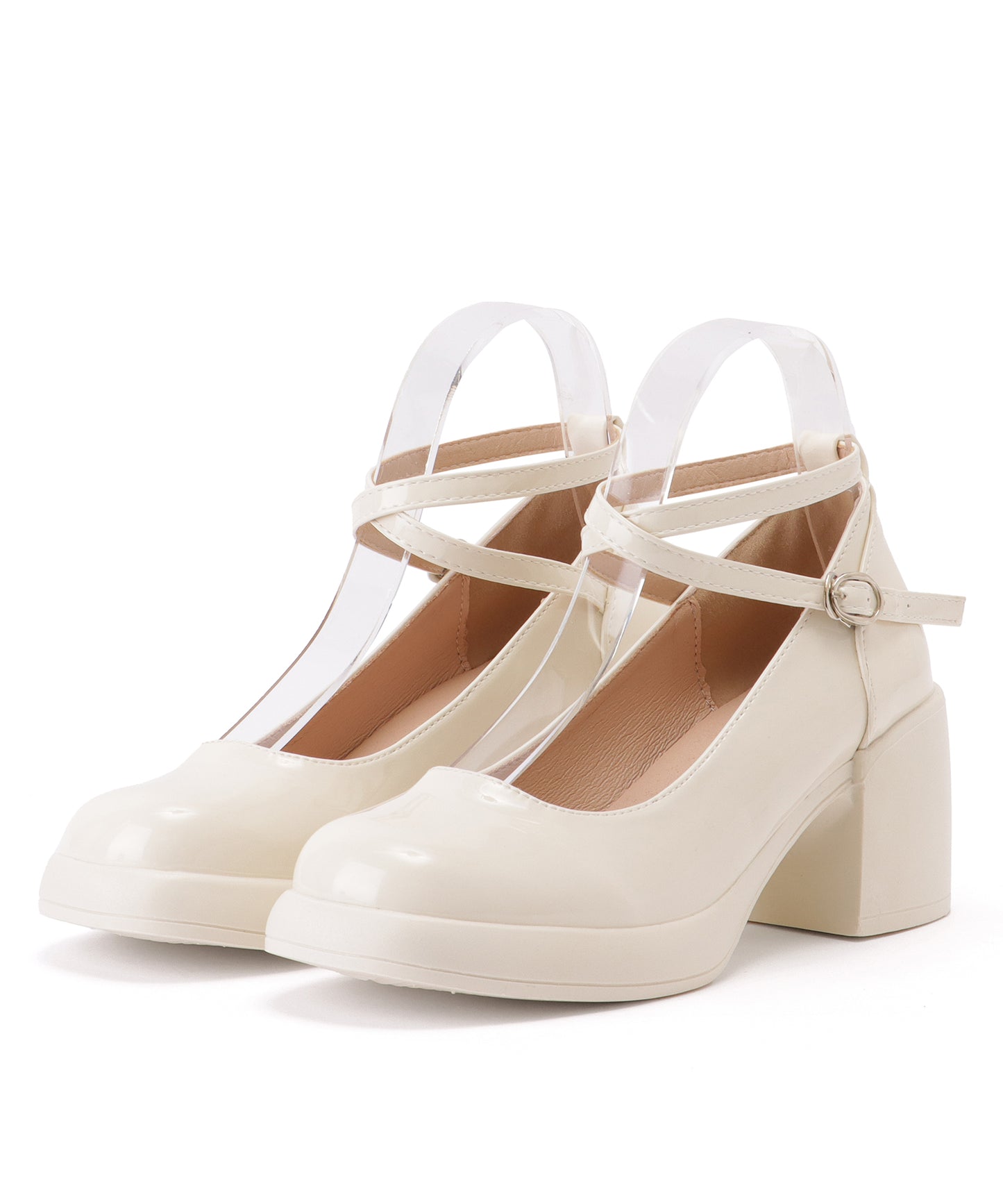 レザー調 厚底 ストラップ ボリューム パンプス