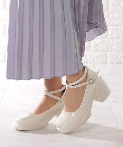 レザー調 厚底 ストラップ ボリューム パンプス