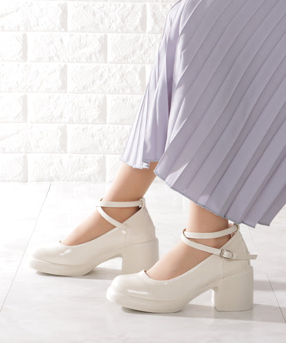 レザー調 厚底 ストラップ ボリューム パンプス