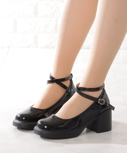 レザー調 厚底 ストラップ ボリューム パンプス