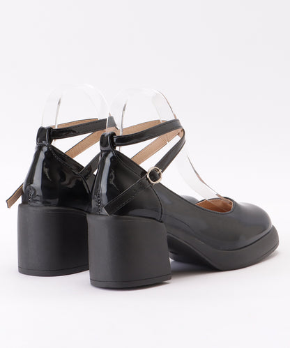 レザー調 厚底 ストラップ ボリューム パンプス