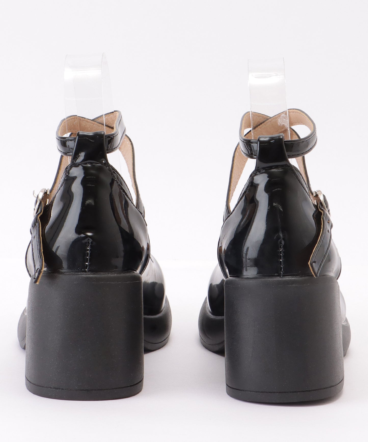 レザー調 厚底 ストラップ ボリューム パンプス