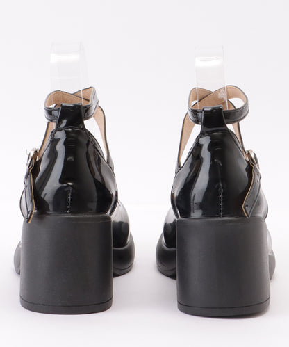 レザー調 厚底 ストラップ ボリューム パンプス