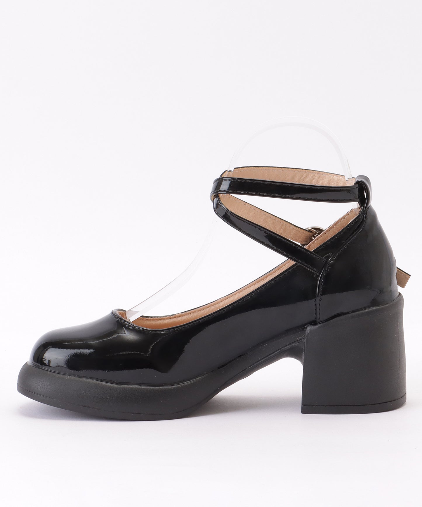 レザー調 厚底 ストラップ ボリューム パンプス