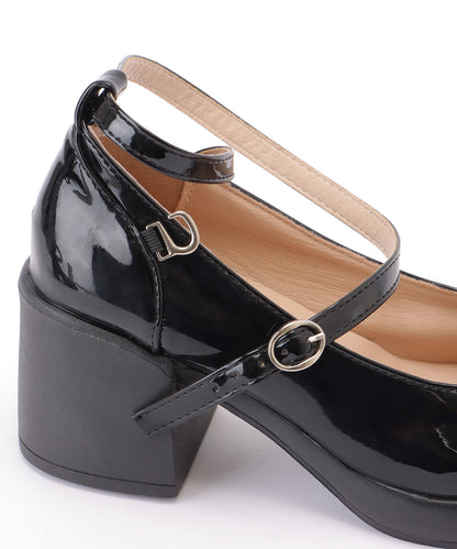 レザー調 厚底 ストラップ ボリューム パンプス